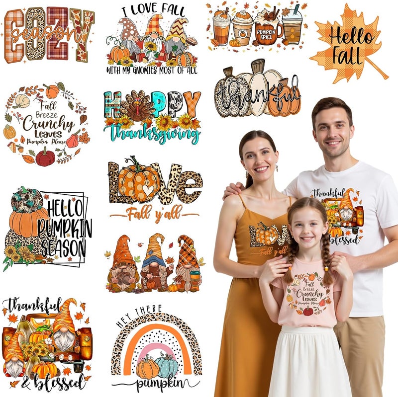 NANZHOO 12 Sheets Fall DTF Transfers Ready to Press Iron on Transfers for T-Shirts,Pumpkin Fall Iron on Patches for Shirt Clothes Bag Pillow DIY Craft, Thanksgiving Heat Transfer Vinyl Stickers Iron on Decal - Image 1